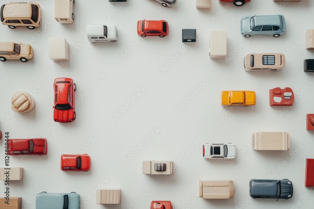 Poster A playful assortment of children's toys is arranged in a flat lay, showcasing colorful toy cars and blocks on a white background with empty space. Generative AI