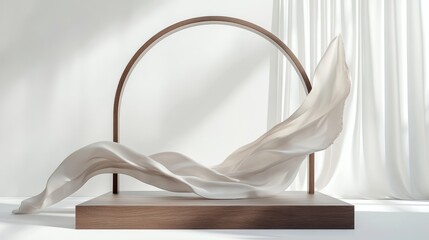 3D podium display with brown wood frame and flying silk, ideal for luxury feminine mockups. 