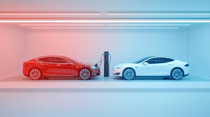 Fototapeta premium AN electric vs hydrogen car mechanics, placed in a minimalist futuristic environment