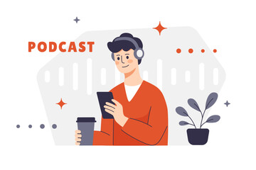 Illustration of a person listening to a podcast with headphones, holding a smartphone and a cup of coffee. Sound waves and a plant are depicted in the background. The character is looking at the phone