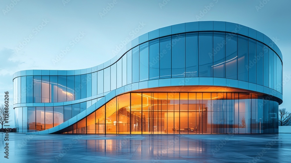 Poster a stunning modern building features fluid curves and steel elements, illuminated in warm tones again