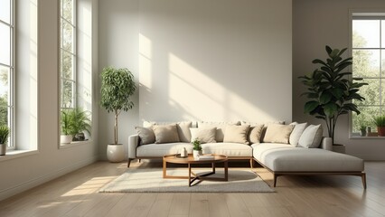 Cozy modern living room with neutral tones and natural light.