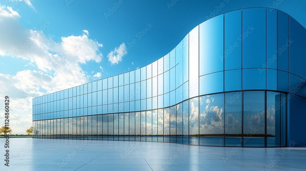 Poster curved lines and sleek steel create a stunning modern building, reflecting clouds and light under th