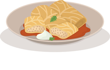 Plate of Ukrainian traditional dish with stuffed cabbage rolls and sour cream. Flat illustration with tasty national food holubtsi
