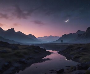 Fototapeta premium Dusk landscape with a crescent moon and a glow-in-the-dark atmosphere, crescent moon, natural, night sky