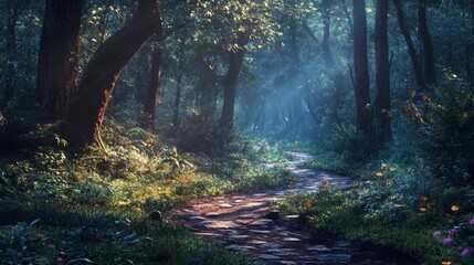 Fototapeta premium Mystical Forest Pathway Surrounded by Glowing Light and Lush Greenery for Enchanting and Serene Nature Design