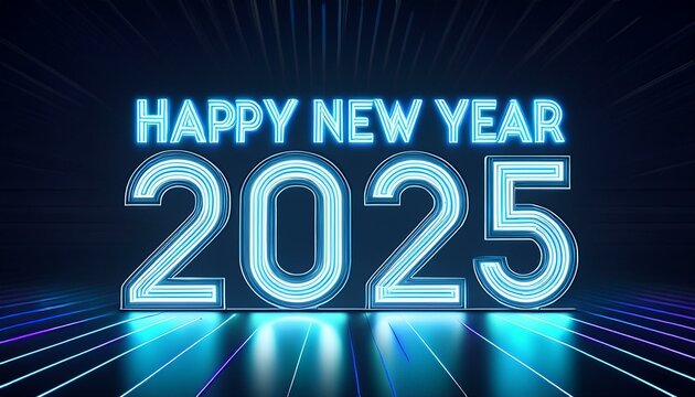 Retro neon graphics for Happy New Year to celebrate the new year of 2025; Happy New Year text with 1980s retro graphics with neon lights; graphic resources; graphic elements; 2025 new year celebration