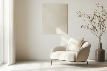 Minimalistic living room with elegant beige armchair and artistic decor.