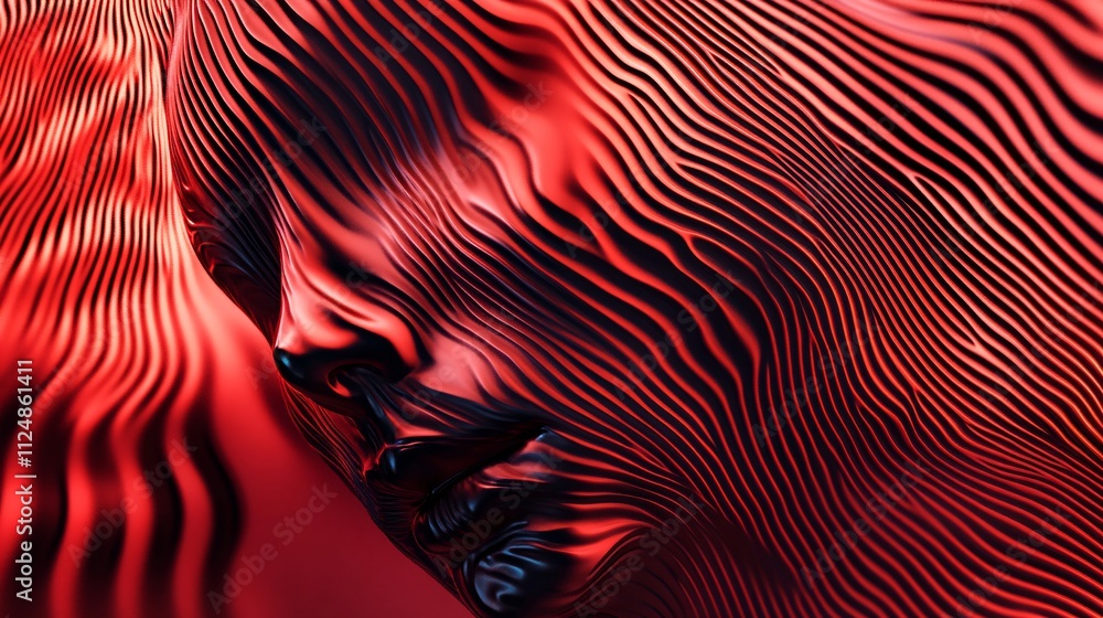 Poster red wavy stripes creating abstract human face: artificial intelligence concept