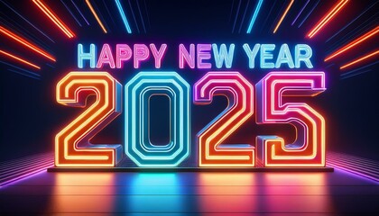 Retro neon graphics for Happy New Year to celebrate the new year of 2025; Happy New Year text with 1980s retro graphics with neon lights; graphic resources; graphic elements; 2025 new year celebration