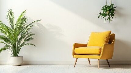 Comfortable Armchair With Cushions Next to Indoor Plants in Minimalist Sunlit Living Room With Warm Neutral Tones and Wooden Floor