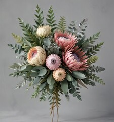 Fototapeta premium Eucalyptus and Protea Floral Bouquet on a Grey Background, white rose flowers, floral arrangement, greenery