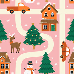 Winter seamless pattern. Christmas town with cars, houses and trees.