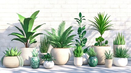 Fototapeta premium Green Potted Plants Displayed on Modern Wooden Shelves in Sunlit Urban Interior With Minimalist Design and Fresh Natural Aesthetic