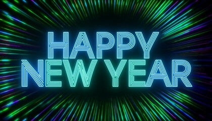 Retro neon graphics for Happy New Year to celebrate the new year of 2025; Happy New Year text with 1980s retro graphics with neon lights; graphic resources; graphic elements; 2025 new year celebration