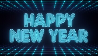 Retro neon graphics for Happy New Year to celebrate the new year of 2025; Happy New Year text with 1980s retro graphics with neon lights; graphic resources; graphic elements; 2025 new year celebration