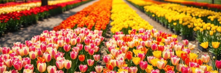 Obraz premium A beautiful row of vibrant yellow tulips in full bloom stretching out in a line, line, sunlight