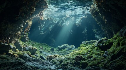 Mysterious Underwater Cave Illuminated by Sunbeams With Crystal Clear Water and Rocky Walls