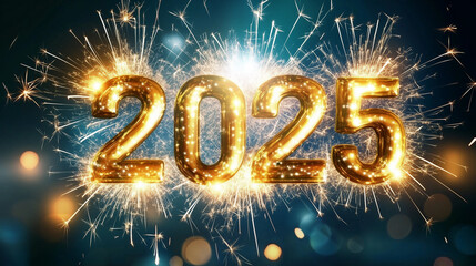 Sparkling 2025 New Year Celebration with Golden Numbers, Fireworks, and Bokeh Lights.