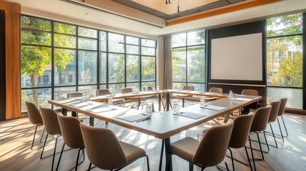 Fototapeta premium Modern conference room with large windows and u-shaped table in daylight.