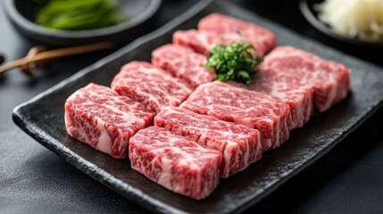 Fototapeta premium Elegant Wagyu Sushi on Sleek Black Plate