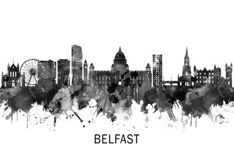 Obraz premium Belfast Northern Ireland Skyline BW, cityscape buildings city skyline architecture illustration abstract modern painting travel poster landscape print urban art
