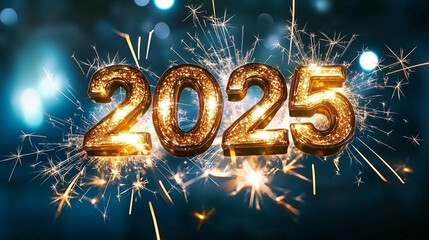 Sparkling 2025 New Year Celebration with Golden Numbers, Fireworks, and Bokeh Lights.