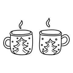 Two cute mugs with Christmas tree and snowflakes print. Steam comes out of the cups. Hot chocolate, winter season. Black and white doodle vector isolated illustration hand drawn