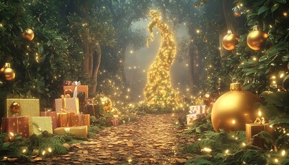 A glittering holiday forest clearing with a majestic glowing beanstalk surrounded by oversized golden ornaments and presents