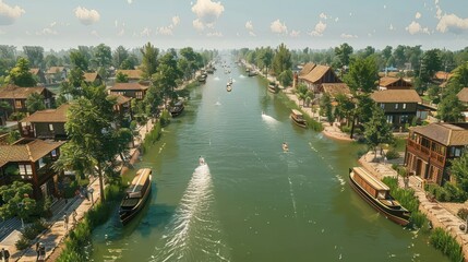 Fototapeta premium A serene riverside scene featuring boats and lush greenery.