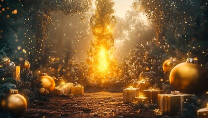 A glittering holiday forest clearing with a majestic glowing beanstalk surrounded by oversized golden ornaments and presents