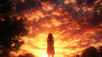 Obraz premium an impressive radiant shining sky at sunset with an anime girl standing in front, image