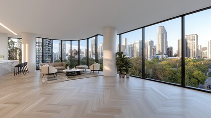 Modern interior design of a spacious living room with city skyline view through large windows