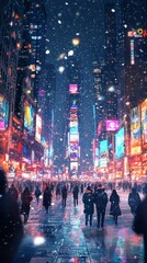 Vibrant city street with silhouettes and colorful light bokeh