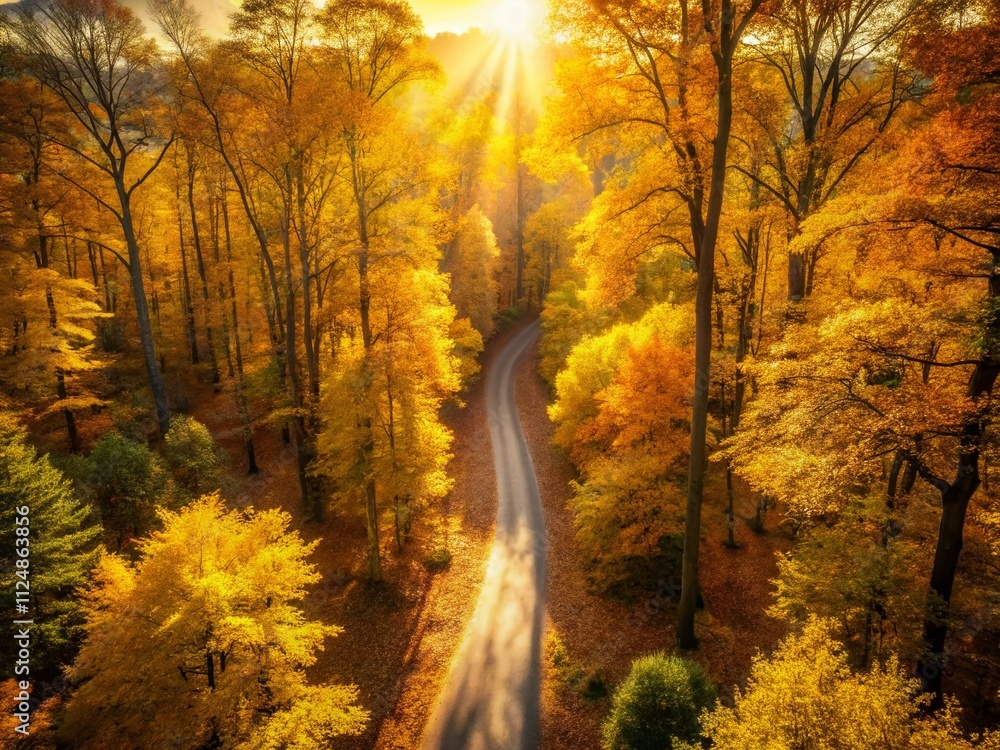 Poster captivating drone photography of a golden autumn path with sunlight filtering through vibrant leaves