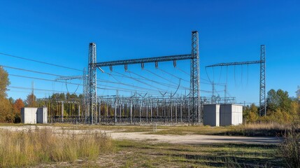 Fototapeta premium High Voltage Electric Power Lines in Rural Area