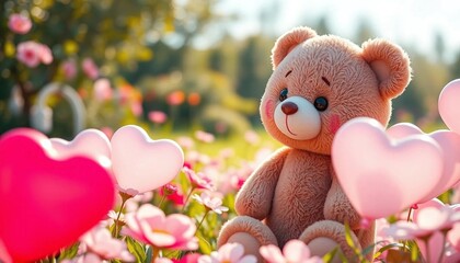 A cute bear doll surrounded by heart-shaped balloons in a bright garden during the morning