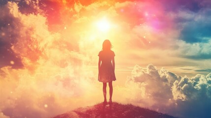 Obraz premium an impressive shining radiant sky with different colors and a small girl watching it, magical wallpaper, image