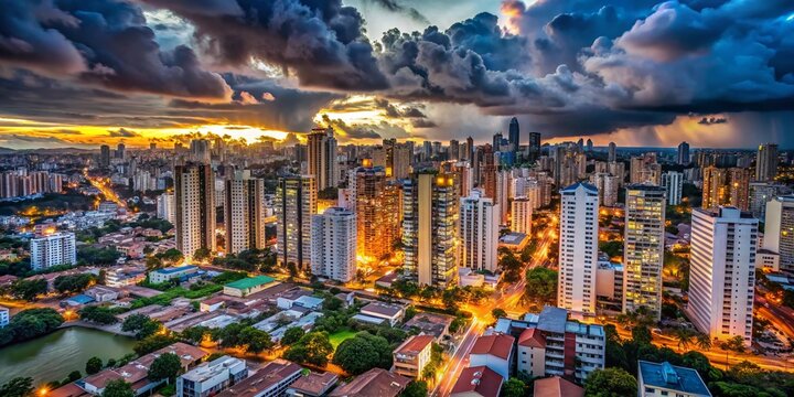 Captivating Drone Photography of a Cloudy Evening Over the Skyline of Tatuape, Sao Paulo, Brazil with Dramatic Clouds and City Lights Illuminating the Urban Landscape