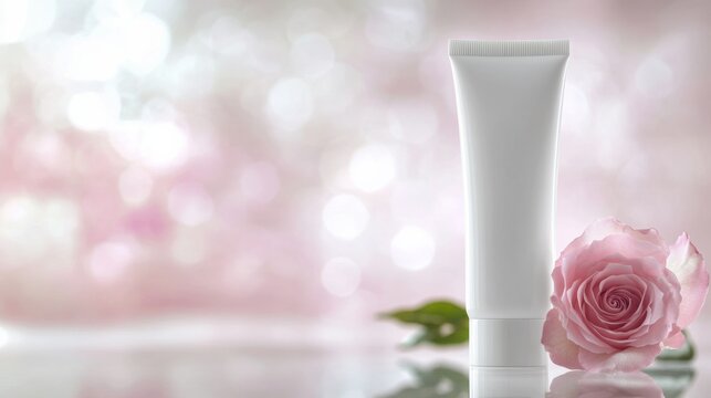 Mockup of cosmetic tube cream 50ml template standing in a minimalist pink background bokeh, rose flower
