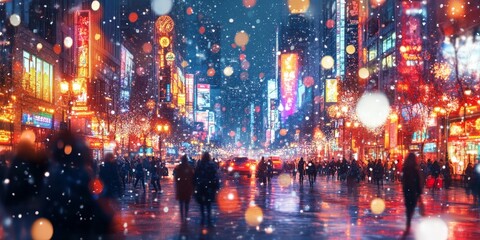 Vibrant city street with silhouettes and colorful light bokeh