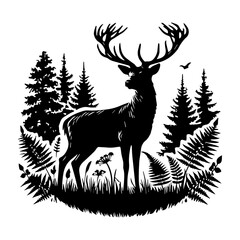 Silhouette of a deer standing in a forest clearing vector