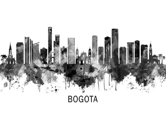 Fototapeta premium Bogota Colombia Skyline BW, cityscape buildings city skyline architecture illustration abstract modern painting travel poster landscape print urban art