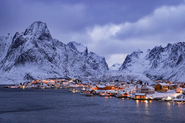Winter evening in Reine Lofoten Islands Norway