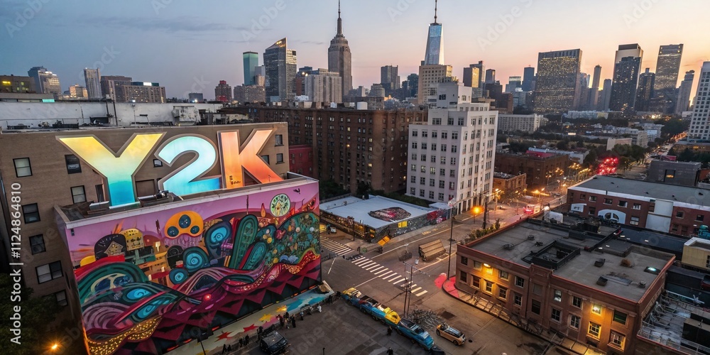 Poster captivating drone photography of cool retro y2k style with 3d inflated editable text effects in an u