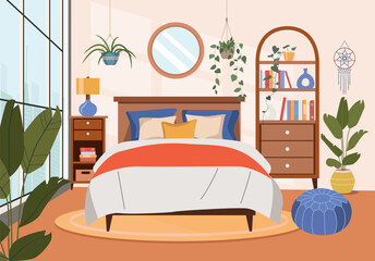 Bedroom interior. Comfortable bed, window,  bookcase and house plants. Vector flat cartoon illustration © lyudinka