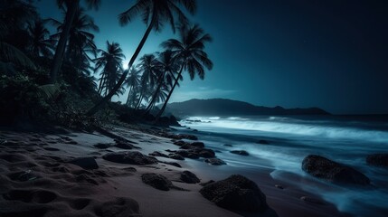Beautiful moonlit tropical beach coast. Night time sandy coast with palm trees. Calm landscape with copy space. Outdoor background.