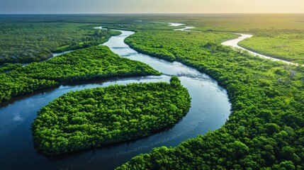 Aerial view of a lush river winding through dense green forest.