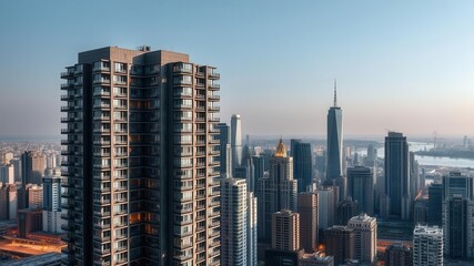 Obraz premium A high-rise condominium building with a brightly lit, modern apartment standing out among the rest, highlight, architecture