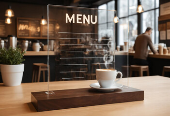 Coffee cup with a cafe menu in a cozy interior setting.